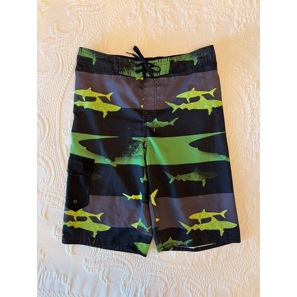 Hang Ten Swim Trunks Boys Medium Green Shark Mesh Lined Board Shorts Side Pocket